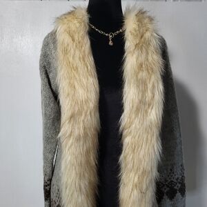 Mia Joy Joyfolie Women's Open Front Faux Fur Trimmed Cardigan Sweater Sz S Gray